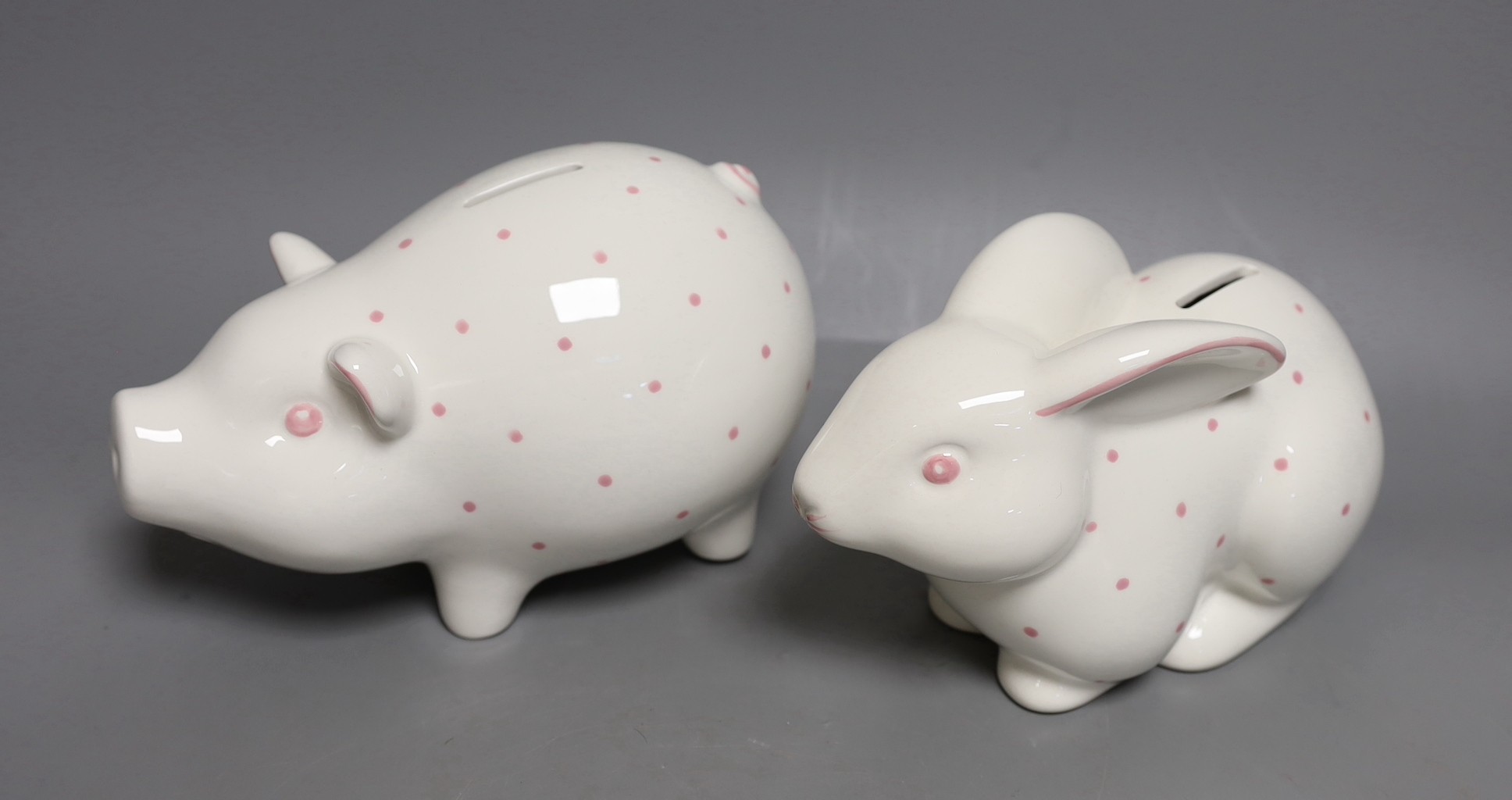 Tiffany ‘rabbit’ and ‘pig’ money banks, original boxes, pig 20cm wide